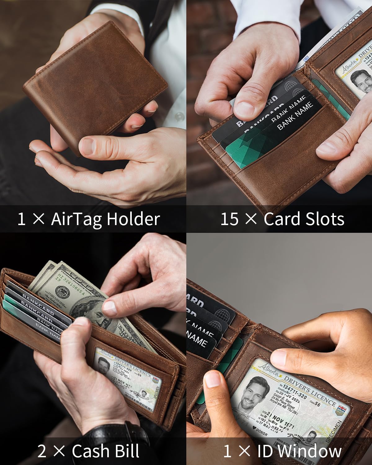 Serovi Mens Genuine Leather Bifold RFID Blocking Wallet with 14 Card Slots, ID Window & 2 Cash Pocket - Includes Gift Box