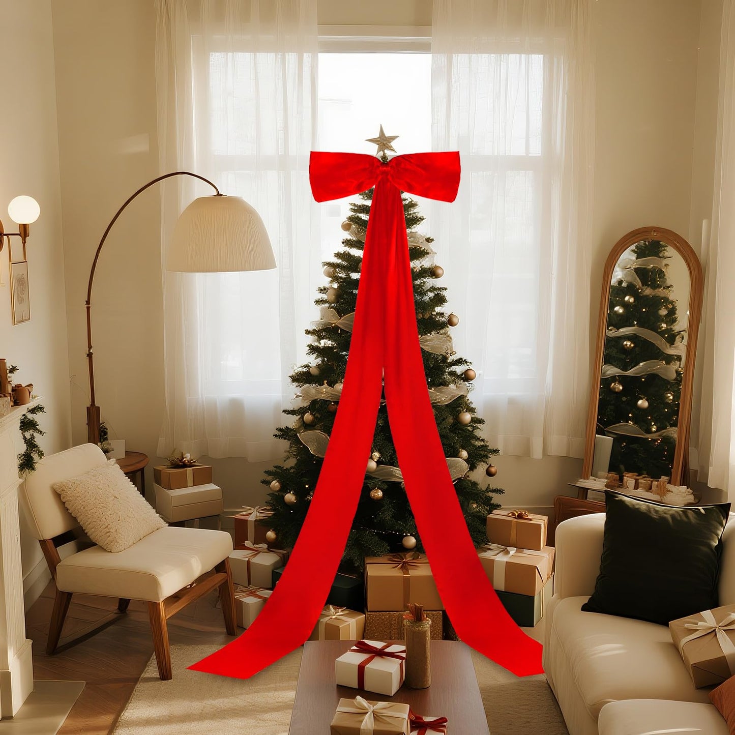 Giant Christmas Tree Bow Topper Big Bow for Christmas Tree Decorations 18X118In Tree Toppers Bows Big Red Bows for Wedding Birthday Party Wall Backdrop (Red)