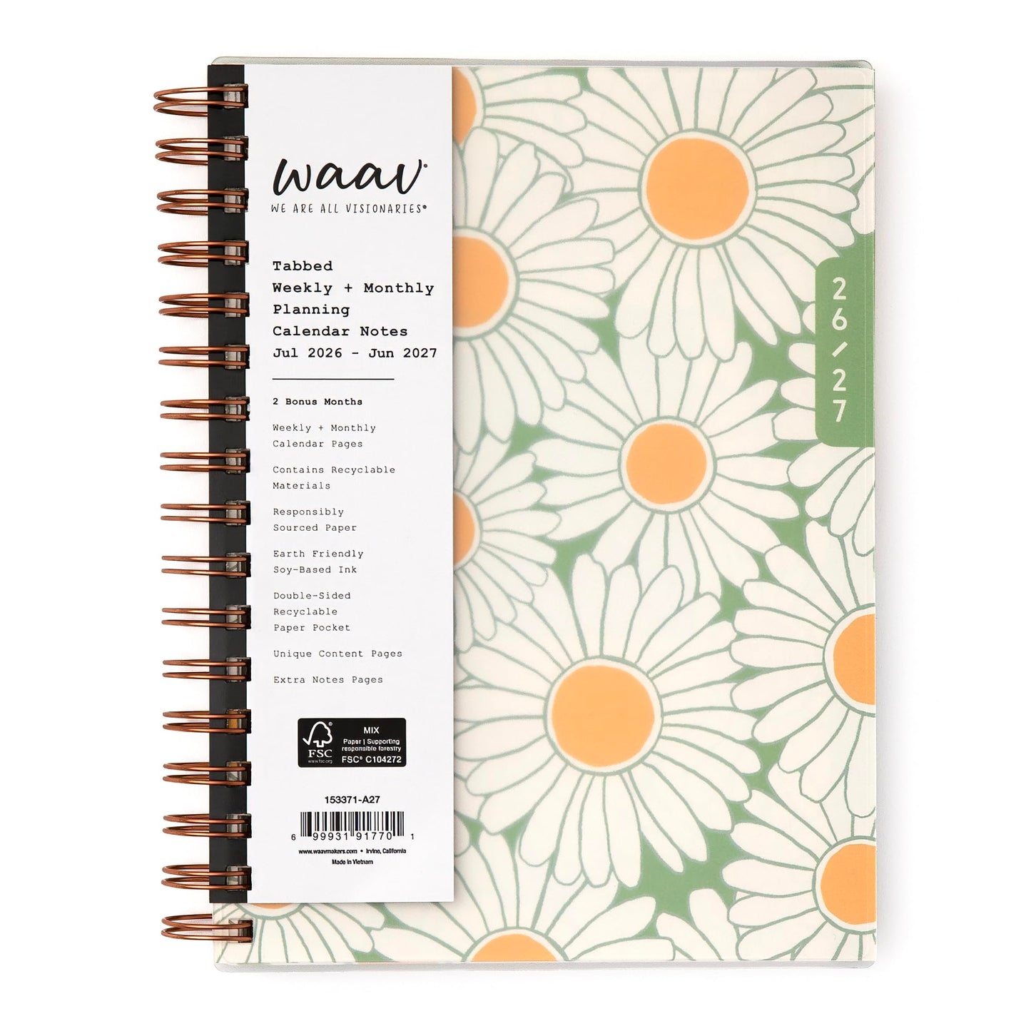 Blue Sky WAAV 2026-2027 Weekly and Monthly Academic Year Planner Calendar, July 2026 - June 2027, 5.875" x 8.625", Flexible Cover, Wirebound, Laminated Tabs, Storage Pocket, Includes 20 Extra Notes Pages, Michelle