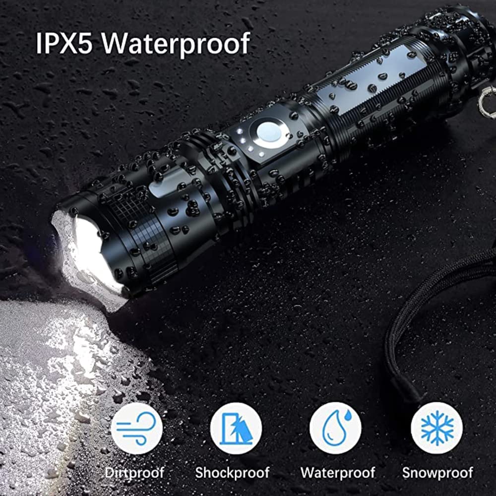 Rechargeable Flashlights High Lumens, 90000 Lumens Super Bright LED Flash Light, 5 Modes, IPX6 Waterproof Handheld Flash Light for Home, Emergencies, Camping