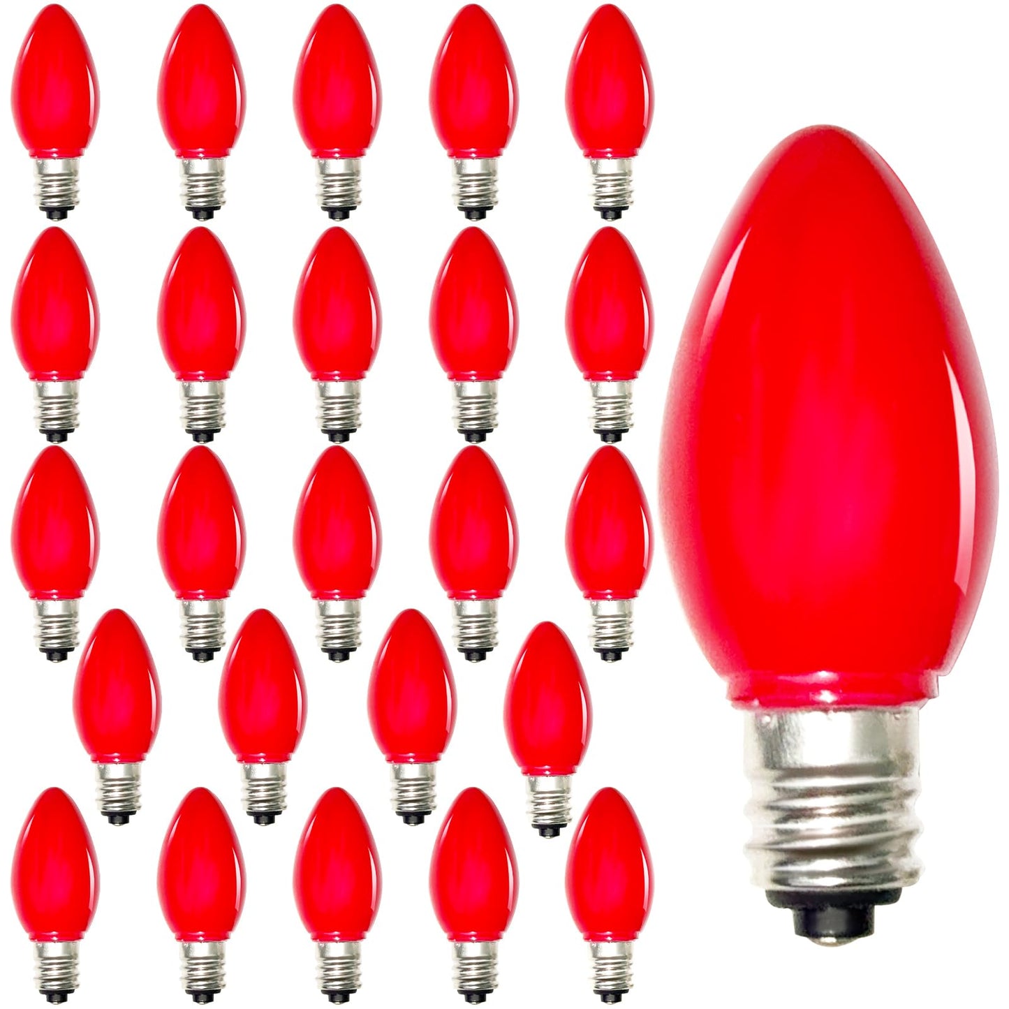 Romasaty 25 Pack C7 LED Replacement Bulbs C7 Plastic Red String Lights Replacement Bulbs, C7/E12 Candelabra Base, 0.6 Watt