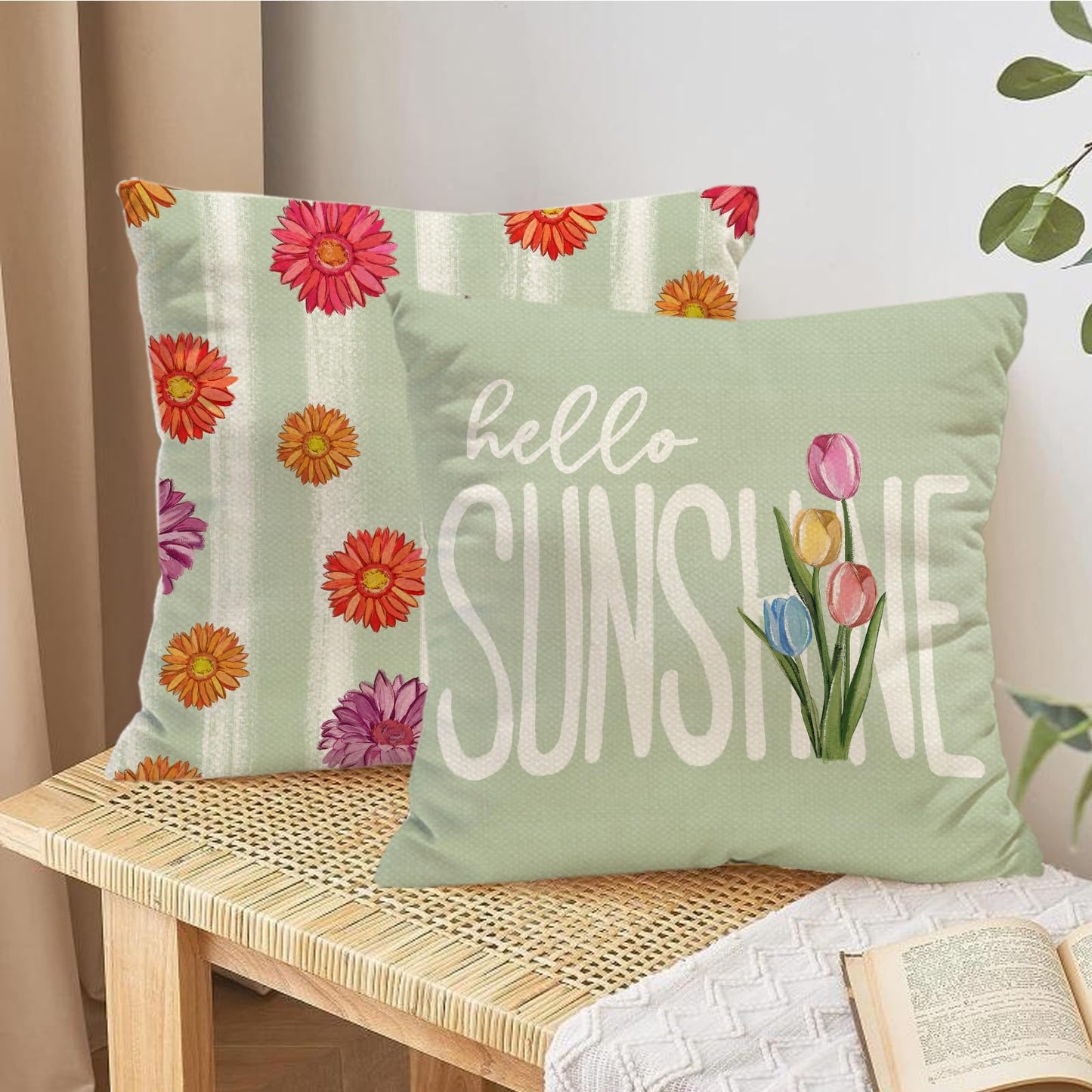 Tikeciti Spring Summer Vibrant Daisies Pillow Covers Blooming Wildflower Vase 18 x 18 Inch Throw Pillows, Hello Sunshine Seasonal Decorative Farmhouse Cushion Case for Sofa Couch Set of 4