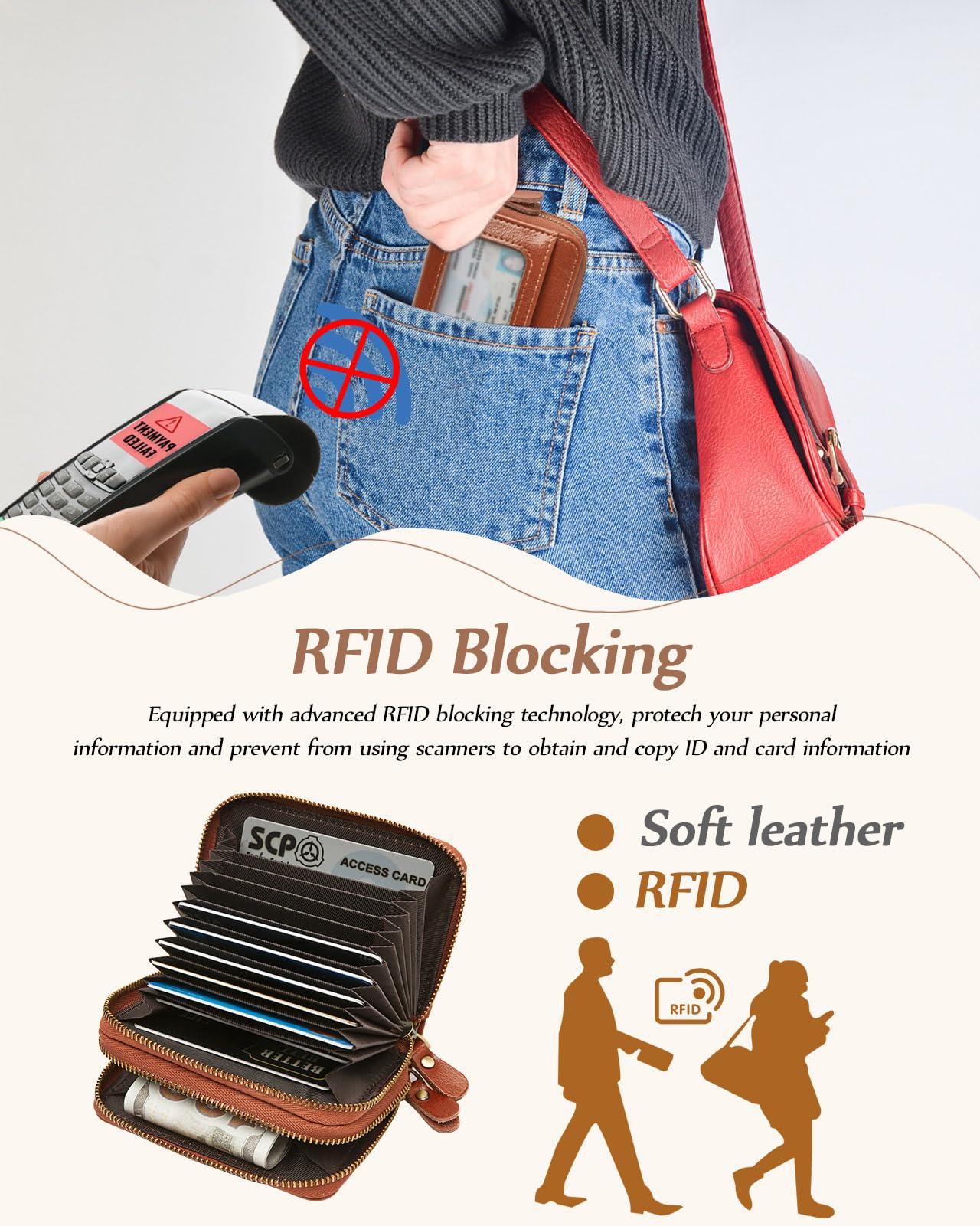 TFKGS Credit Card Holder for Women RFID Wallet Leather Womens Wallet with Zipper Blocking Keychain Card Accordion Wallets Gifts for Women Brown