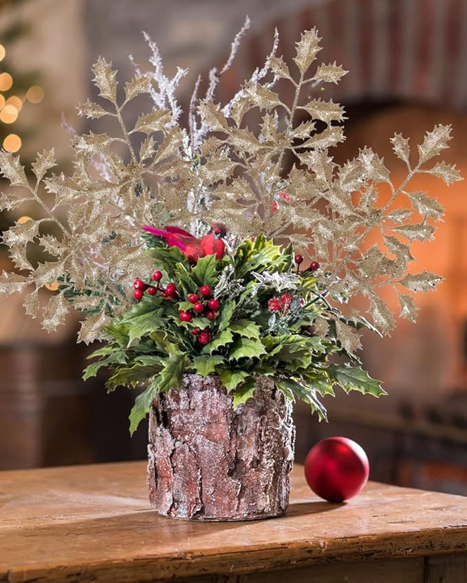 DILATATA 6Pcs Christmas Glitter Leaves Holly Leaves 23" Artificial Champagne Holly Leaf Picks Sprays Giltter Stems for Christmas Tree DIY Xmas Wreath Garland Home Decor - Champagne