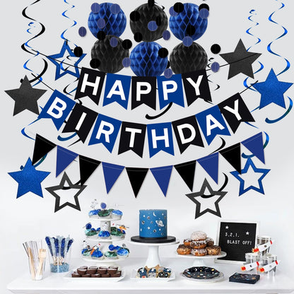 Black Blue Birthday Decorations, Black & Blue Happy Birthday Banner Honeycomb Balls Circle Garland Triangle Banner Stars Hanging Swirl Decoration Kit for HBD‌ Party Decorations