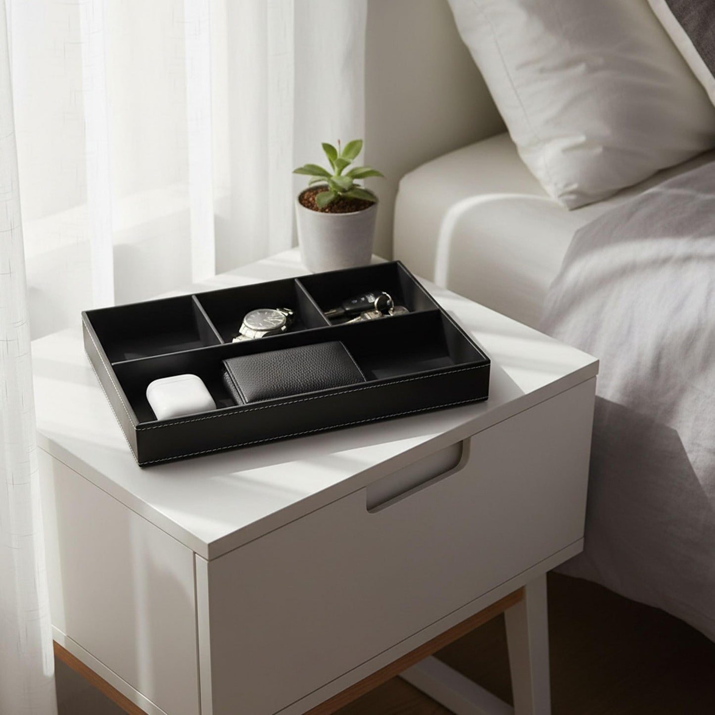AUMISKY Leather Valet Tray Organizer, Stackable Nightstand & Dresser Storage Tray, Entryway Desk Catchall Tray for Keys Wallet Watch Phone, Bedside Desktop PU Leather Drawer Caddy Tray - Black