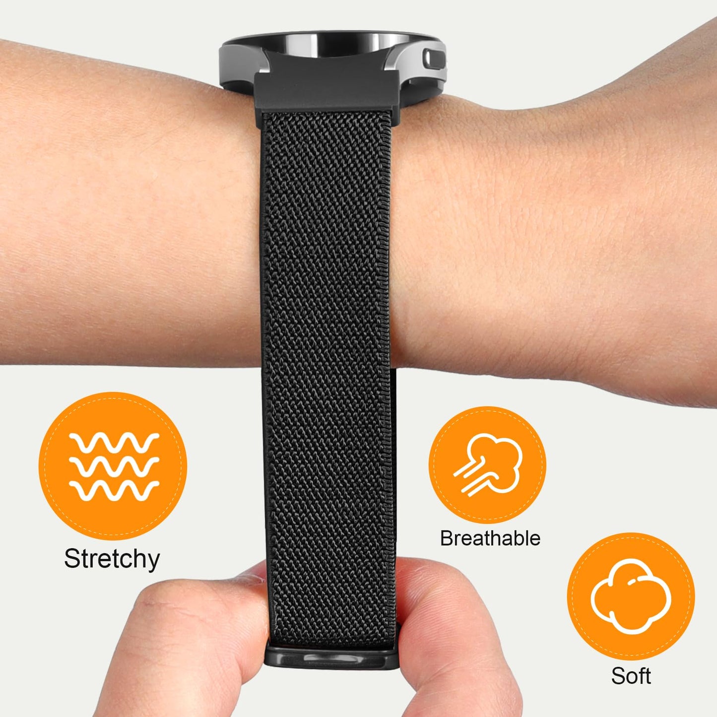 One Click Fabric Bands for Samsung Galaxy Watch 7 6 Band 5/4/FE 40mm 44mm/Galaxy Watch 6 Classic 43mm 47mm/5 Pro 45mm/4 Classic 42mm 46mm,Magnetic Elastic No Gap Wristband Stretchy Nylon Sport Strap