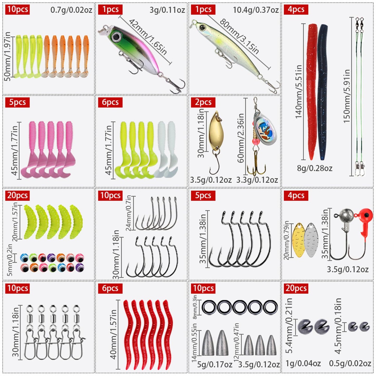 Kivinia 114 PCS Fishing Gear Lure Kit Including Crankbaits, Spinnerbaits, Plastic Worms, Jigs, Hooks, Weights, Topwater Lures, Tackle Box and More, Fishing Tackle Box for Freshwater and Saltwater