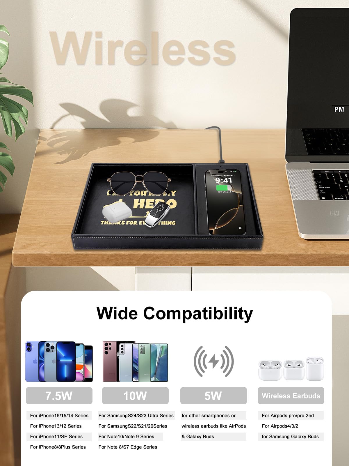 Leather Valet Tray with Integrated Wireless Charger -EDC Nightstand Organizer for Men - Premium Catchall Tray for Phone, Watch, Keys - Aesthetic Office Desk Accessories