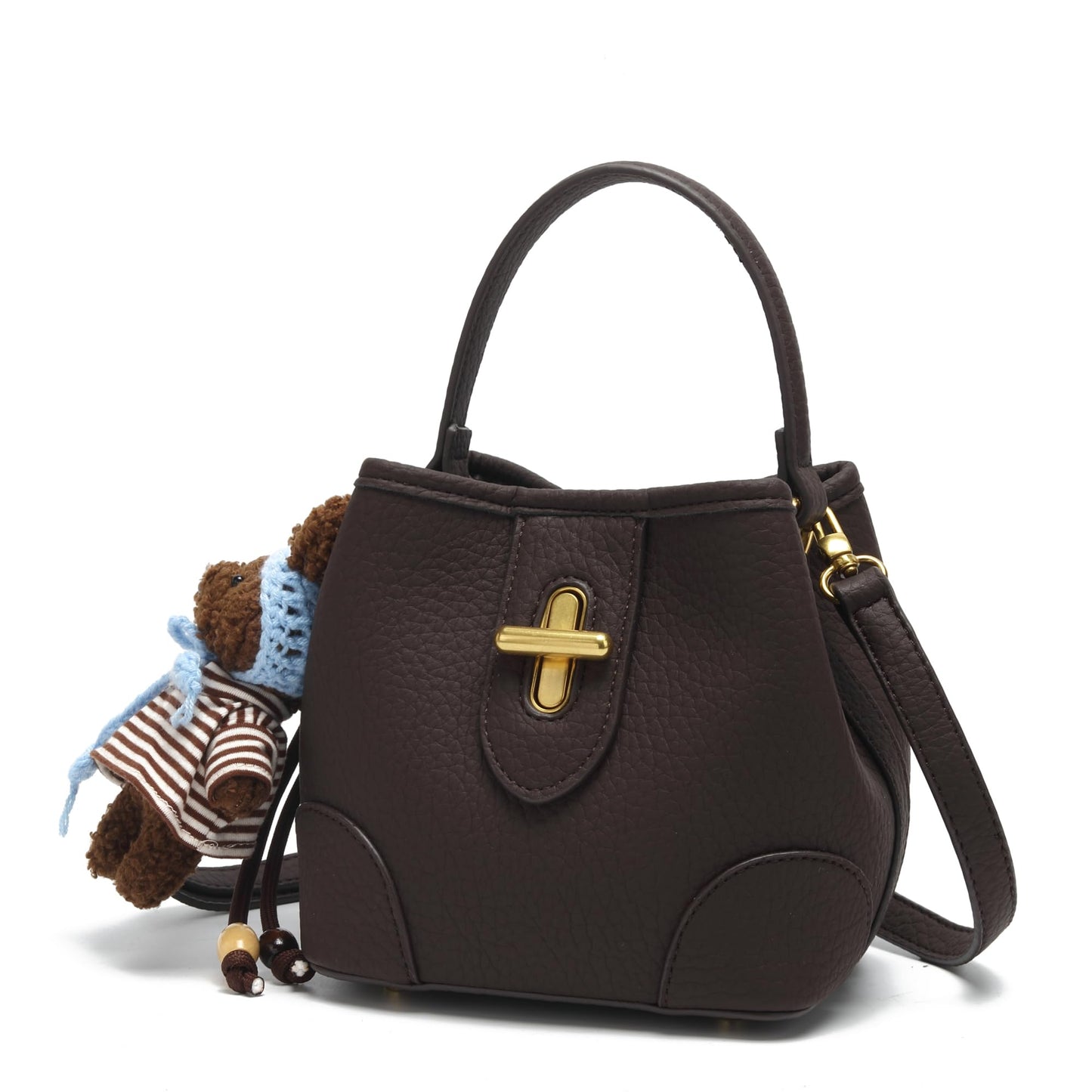 COC.EFRENAR Women's Mini Top Handle Bag, Vegan Leather Crossbody Shoulder Purse with Cute Bear Charm & Scarf, Small Bucket Handbag with Adjustable Strap