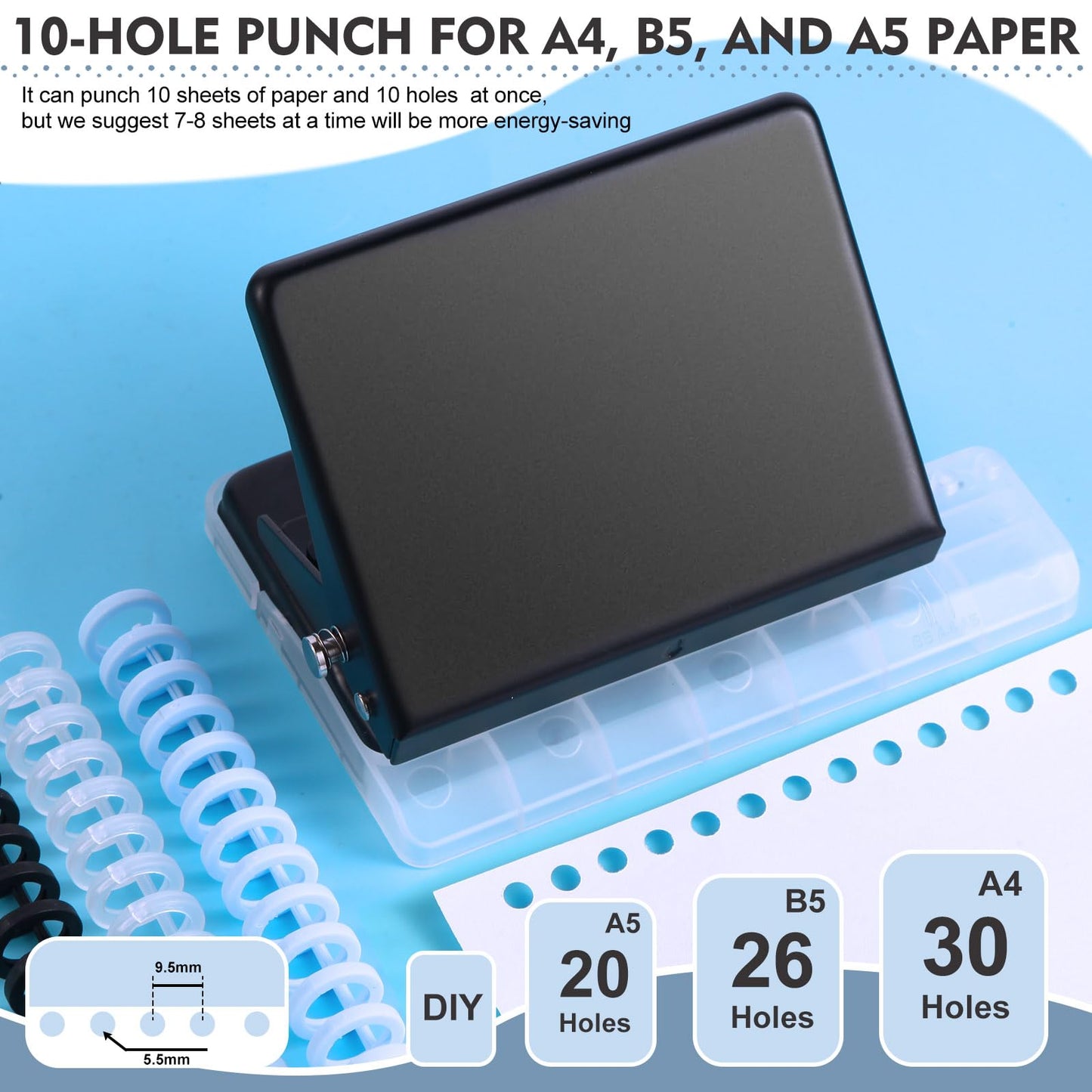 10 Hole Punch Binding Machine for Planner, Metal Binder Machine Kit with 10Pcs Plastic Comb Binding Spines & 30Pcs Loose Leaf Binder Rings, Binder Hole Puncher for A4, A5 and B5 Paper