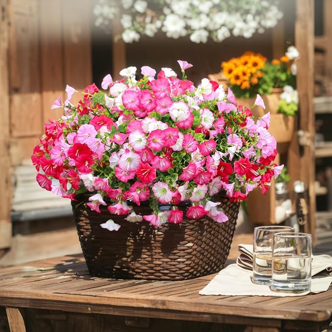 Artificial Flowers for Outdoor, Fake Flowers Faux Plants for Outside Indoor, 4PCS Summer Decor, Morning Glory Petunia UV Resistant, for Garden Porch Window Box Home Planters (Dark Pink&White Bulk)