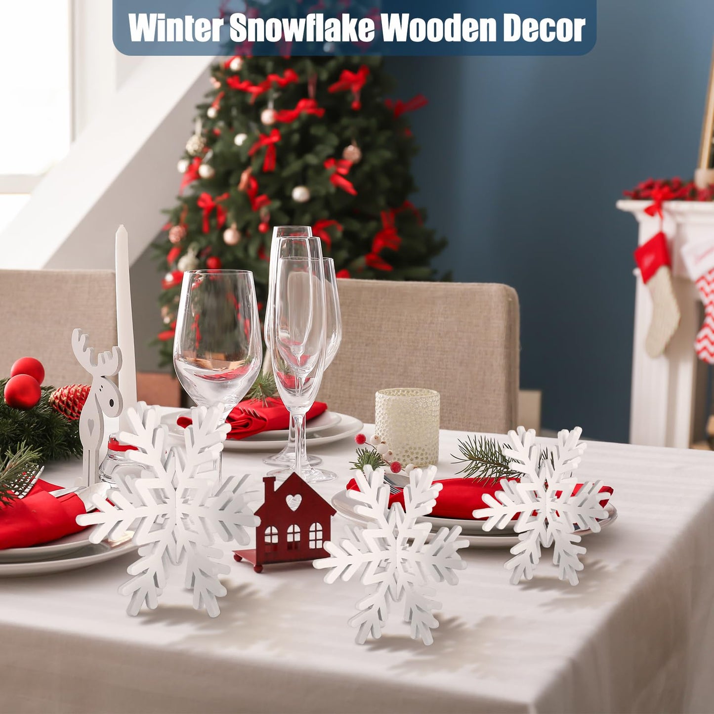 Qunclay 20 Pcs Wooden Snowflake Decorations 3D Snowflake Tabletop Decor Winter Signs and Centerpiece for Winter Wonderland Decorations Xmas Tiered Tray Decor(White)