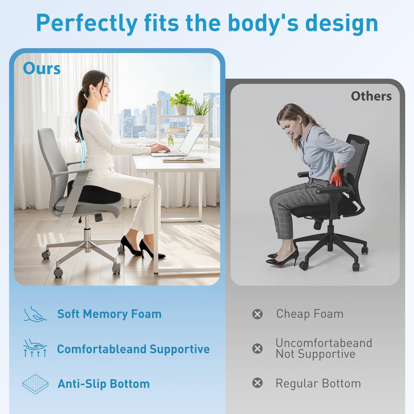 BlissTrends Seat Cushion with Velvet Cover, Thick Memory Foam Cushions for Office Chair, Car Seat, Airplane, Relieving Pressure Tailbone Sciatica Back Pain for Long Sitting, Car Drivers 4.7in Black