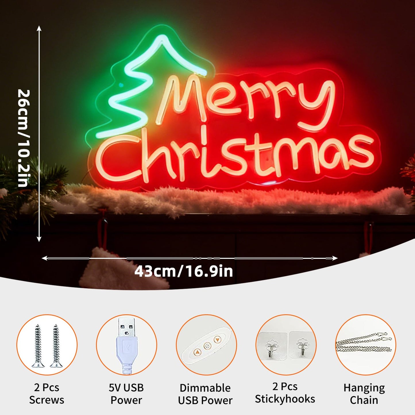 Merry Christmas LED Neon Sign, Dimmable Merry Xmas Decorative Light Holiday Theme Decor for Living Room Bedroom Party Pub Home Wall Table Festive Vibe Light Up Letters Sign, 17 x 10.2 In