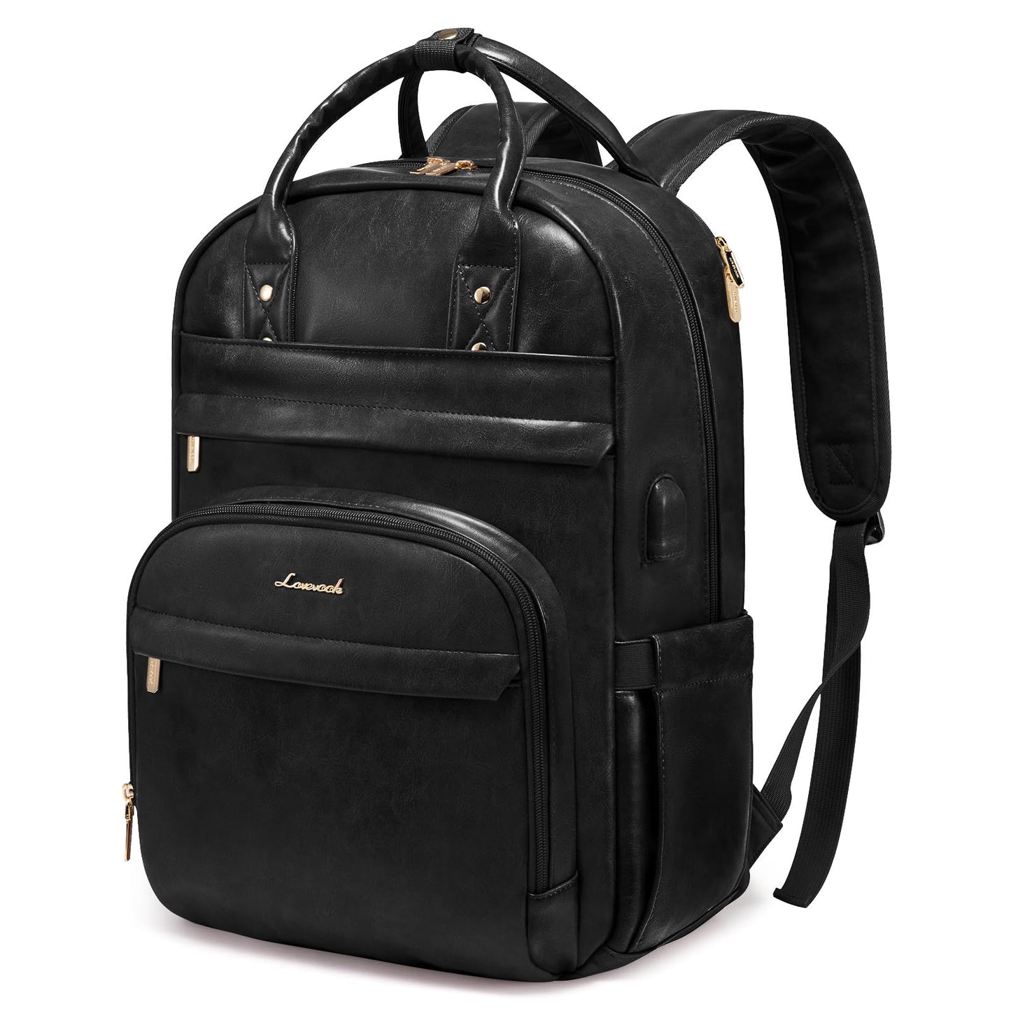 LOVEVOOK Vintage PU Leather 15.6 inch Women's Laptop Backpack, Black, 25L, Water Resistant, USB Charging Port
