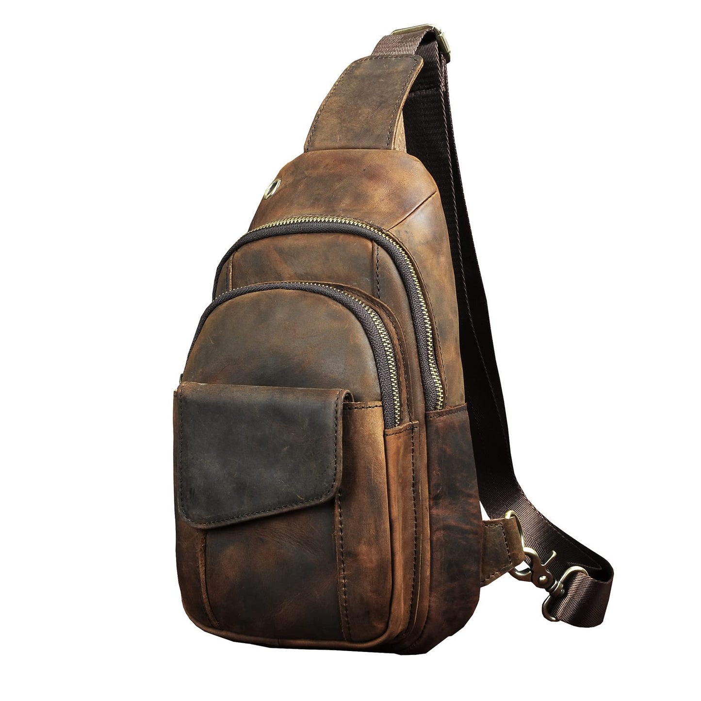 Le'aokuu Men Outdoor Casual Travel Hiking Tea Crossbody Chest Sling Bag Rig One Shoulder Strap Bag Backpack Men Leather (A 8013 Dark Brown)