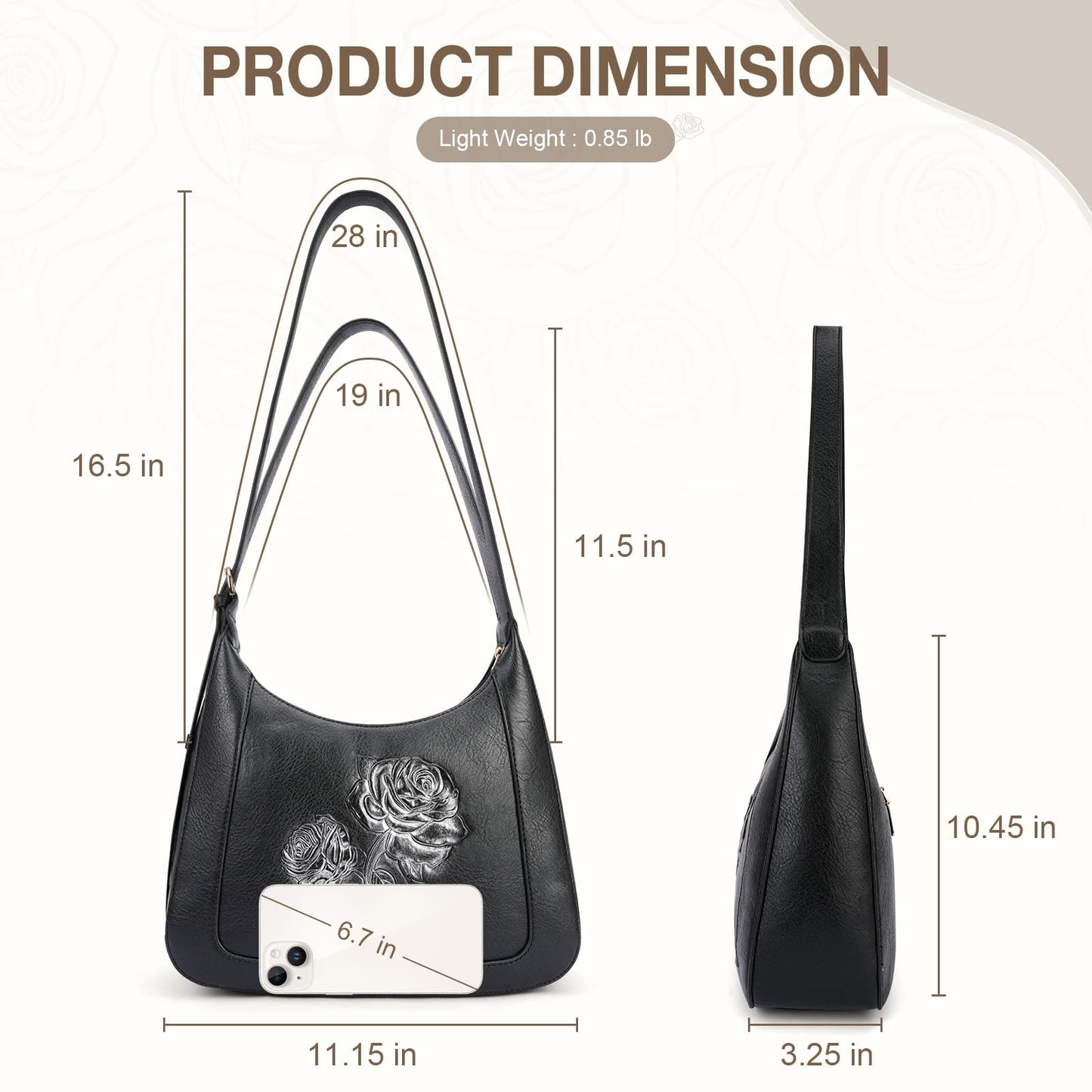 VIMUTI Small Shoulder Bag for Women, Vegan Leather Embossed Hobo Purse with Underarm Strap, Compact Daily Handbag (Black)