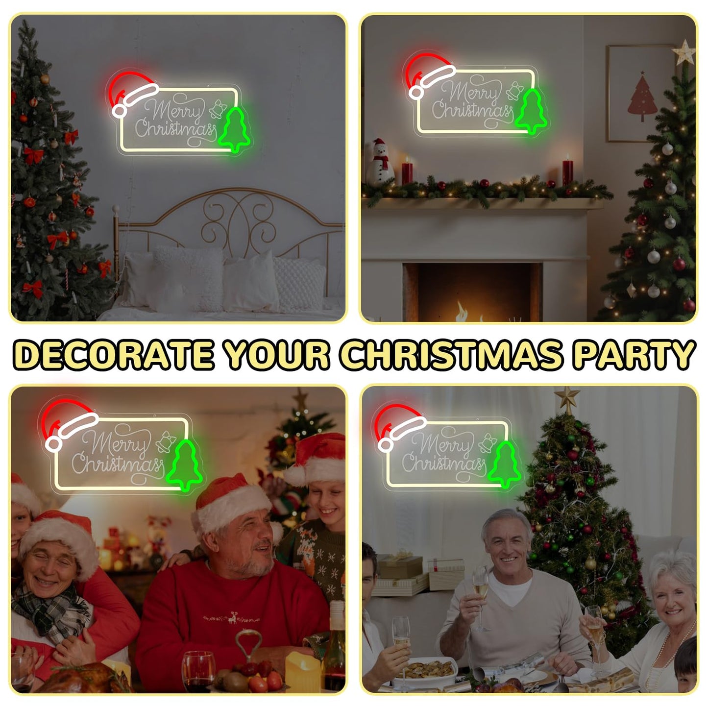 hhuohuona Merry Christmas Neon Sign Dimmable Neon Christmas Sign with Santa Hat & Tree Merry Xmas Light Up Signs for Wall Decor Holiday Gifts Decorations for Home
