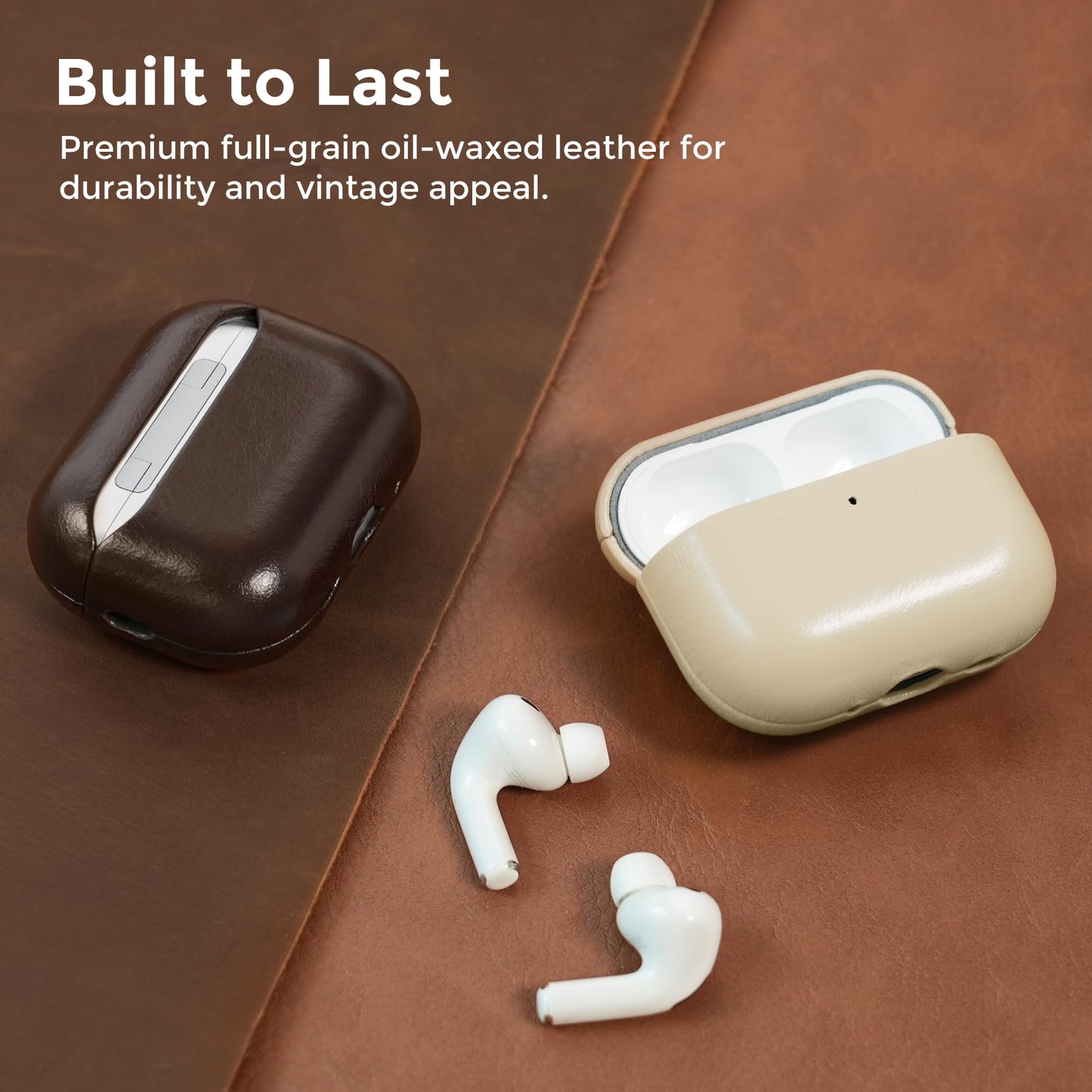 Bouixel for AirPods Pro 3 Case, Handcrafted Oil-Waxed Genuine Leather Case, Silky Smooth Touch, Wireless Charging, Shockproof Protective Cover with Lanyard for Apple AirPods Pro 3rd Gen (2025), Beige