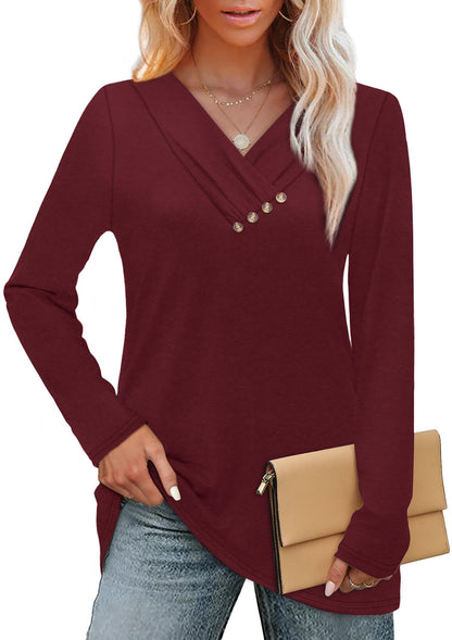 WIHOLL Long Sleeve Shirts for Women Fall Outfits V Neck T Shirts Button Down Tunic Tops Fashion Clothing