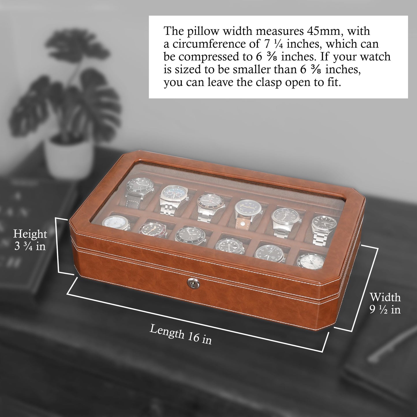 ROTHWELL 12 Slot Leather Watch Box - Luxury Watch Case Display Organizer, Microsuede Liner, Locking Mens Jewelry Watches Holder, Men's Storage Boxes Holder Large Glass Top (Tan/Brown)