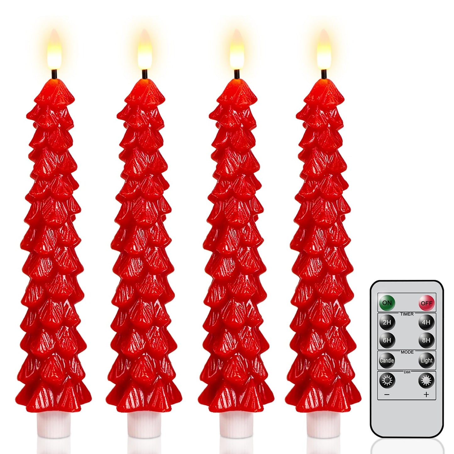 KunSwenn Christmas Tree Candles Battery Operated, Red Waxy Christmas Tree Flameless Taper Candles with Remote Timer, Set of 4 LED Flameless Candlesticks for Xmas Holiday Home Winter Decor(0.78”x9.8”)