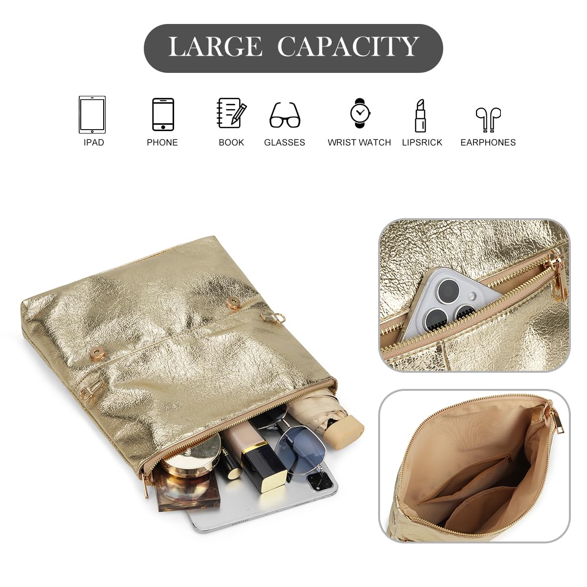 MXCMXC Women's Evening Clutch Bag Metallic Crinkled Leather Clutch Purse, Fold-over Handbag Envelope Purse with Hidden Magnetic (Gold)