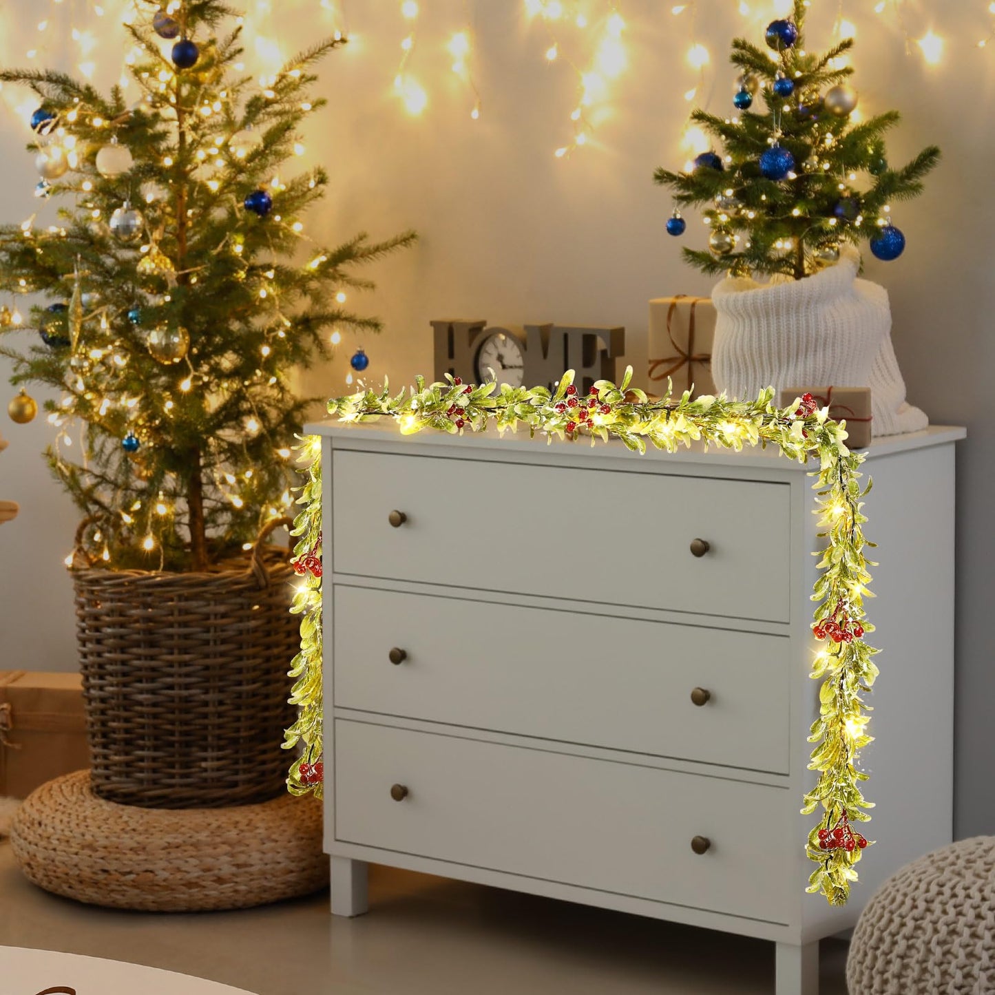 Ganeen 6 ft Christmas Light up Garland Prelit Snowy Olive Garland with 20 LED Battery Operated Lighted Olive Branch with Snowflake Berries Timer Remote for Xmas Winter Decor(Red Berries,Flocked)