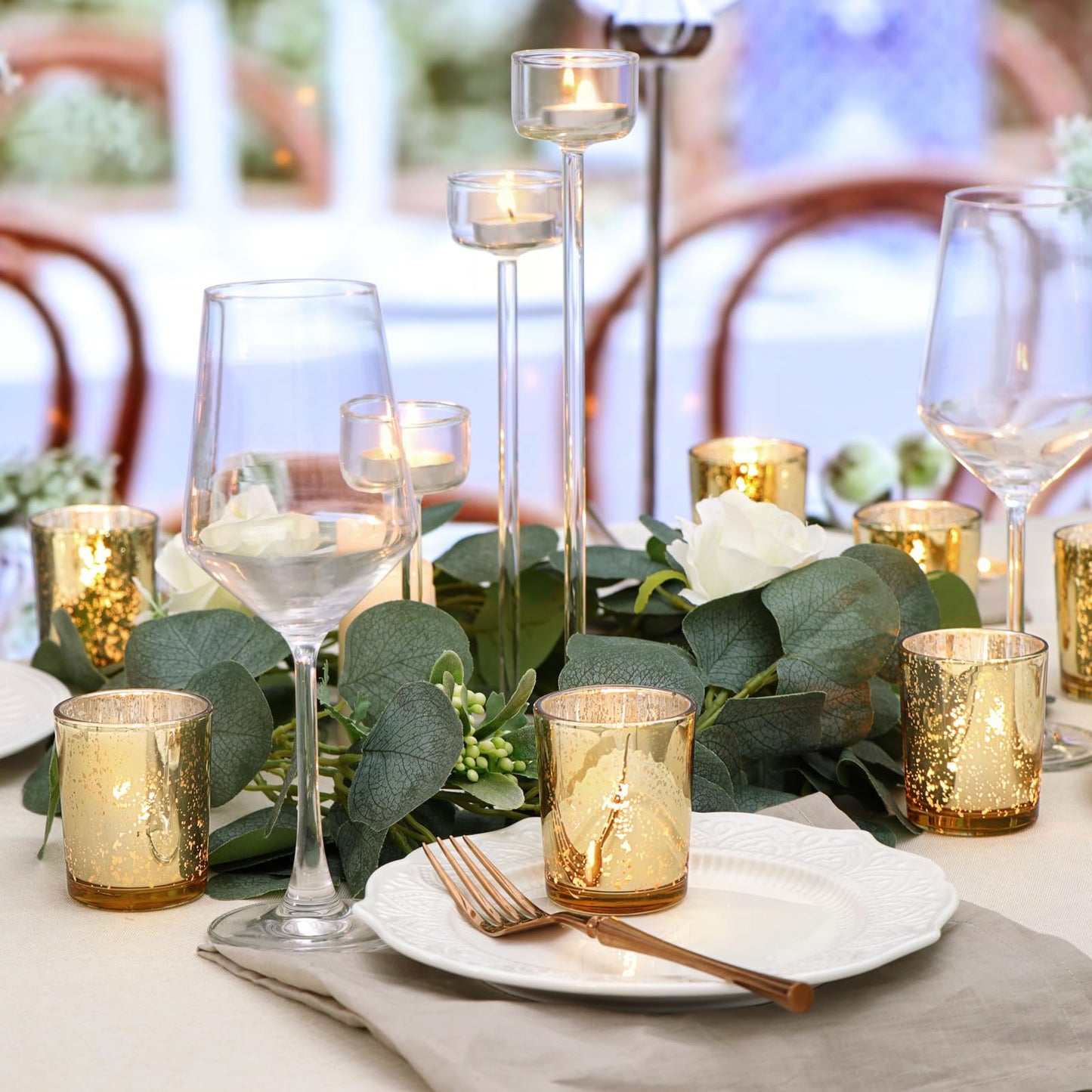 DARJEN Gold Tea Lights Candles Holders for Wedding Centerpieces, Votive Candle Holders for Party Home Wedding Shower Decorations, Table - Mercury Glass Votives, 24Pcs