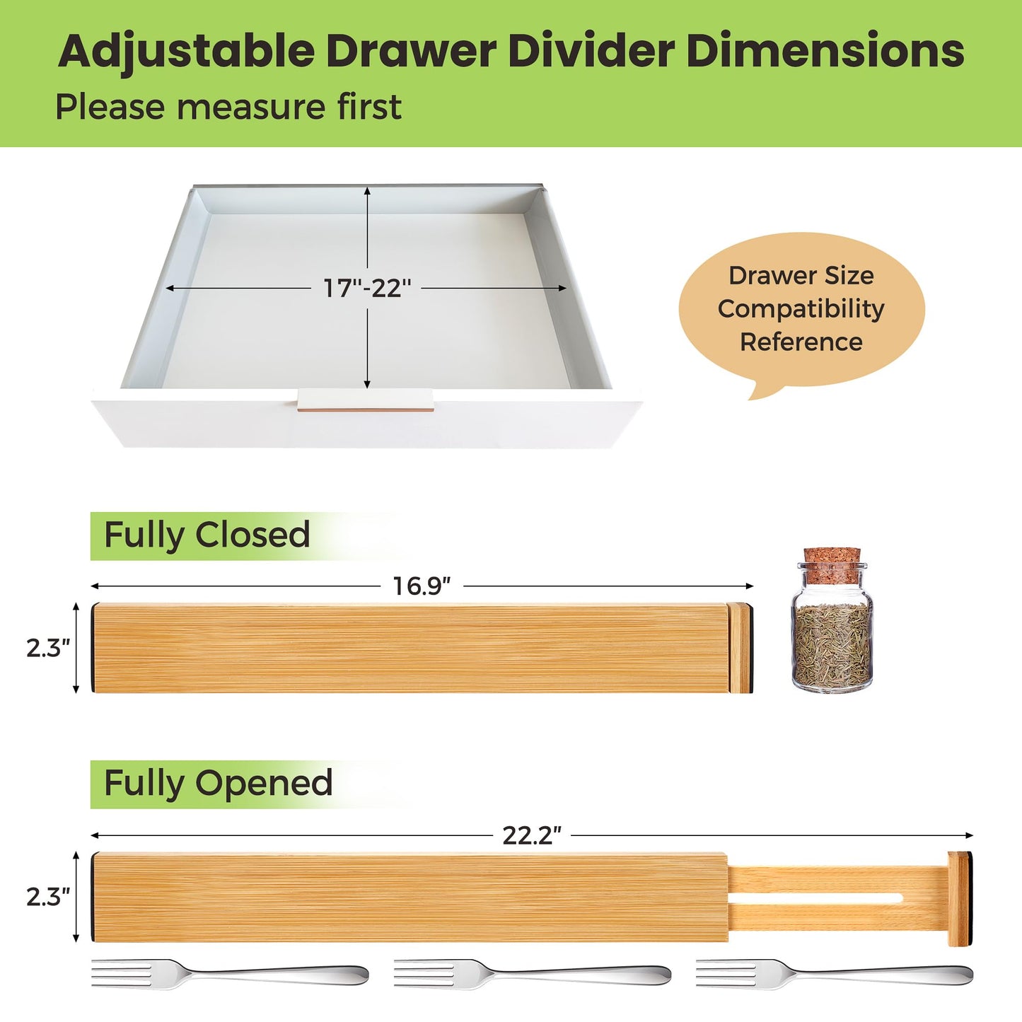 Fyvva Drawer Divider, Adjustable Bamboo Kitchen Drawer Organizer, Spring Loaded Drawer Organizer, Dresser Separators for Kitchen, Bathroom, Clothes, Office Desk Storage (Natural, 4 Pack Large)