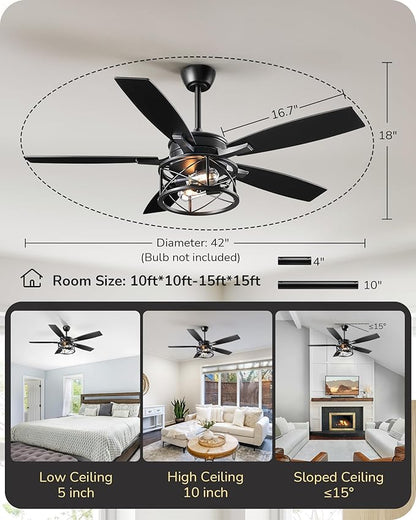 EDISHINE 42“ Black Farmhouse Ceiling Fans with Lights, Remote Control, Dimmable, 6 Speeds, 5 Wood Blades, DC Reversible Motor, Timer, Noiseless, Small Rustic Fan for Bedroom Living Room Kids Room