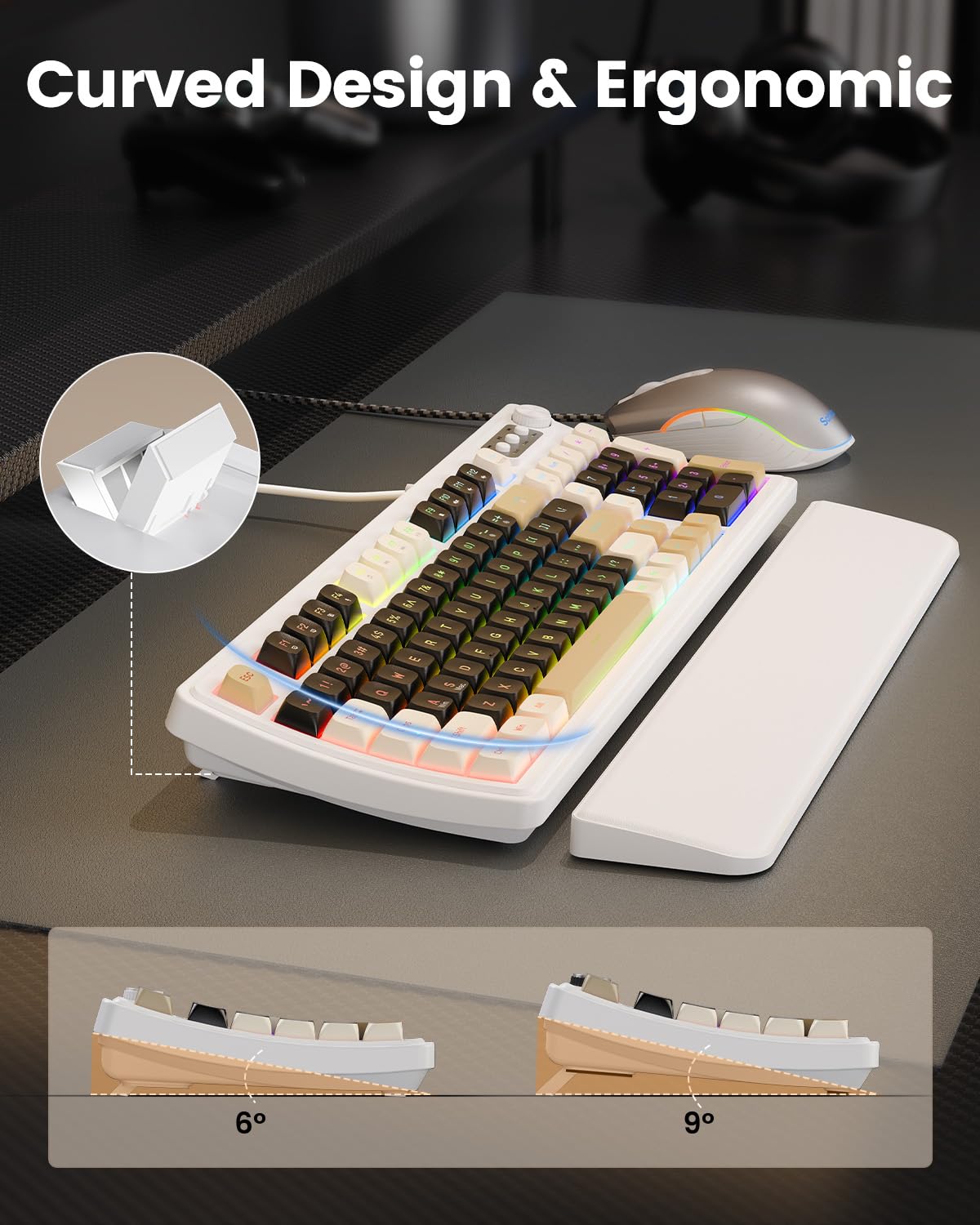 SABLUTE Wired Gaming Keyboard and Mouse, RGB Backlit Mechanical Feel PC Gaming Keyboard with Multimedia Knob & Anti-Ghosting Ergonomic Premium Leather Wrist Rest for Game (White)