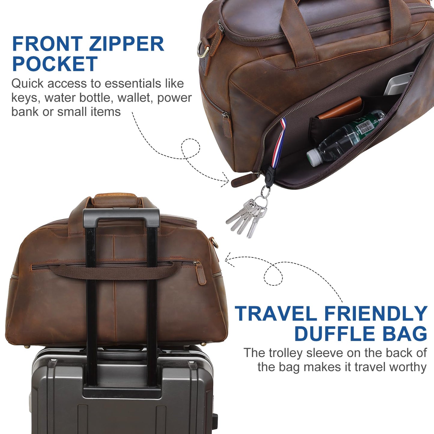 TIDING Full Grain Leather Duffle Bag for Men - 20 Inch TSA Approved Carry On Weekender Overnight Travel Duffel Bags