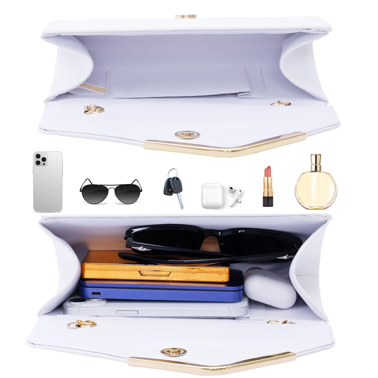 Larcenciel White Clutch Purses for Women, Trendy Leather Evening Bag w/Chain, Fashion Envelope Lady Shoulder Crossbody Handbags, Sparkly Party Prom Purse Bride Wedding Guest Clutch Dress Carry on Bags