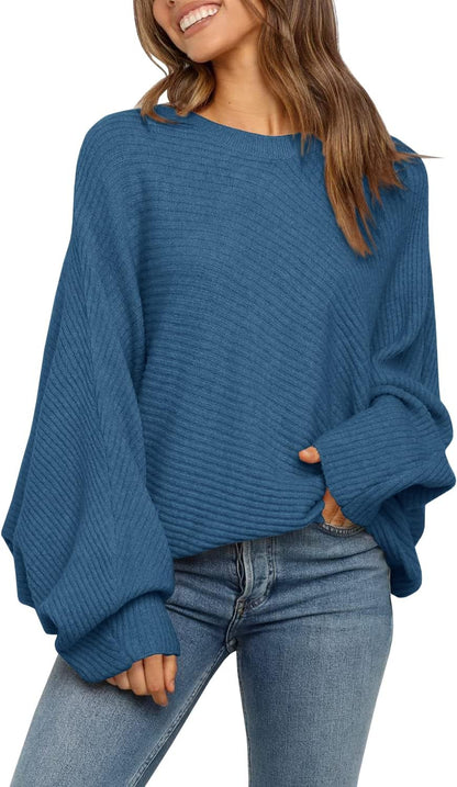 Mafulus Women's Oversized Crewneck Sweater Batwing Puff Long Sleeve Cable Slouchy Pullover Jumper Tops