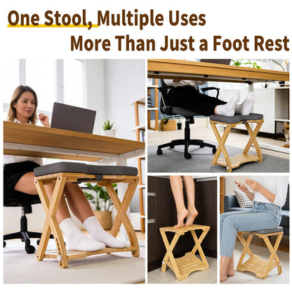 Double Step Foot Rest Under Desk at Work, Bamboo Foot Stool with 6 Adjustable Heights, Ergonomic Under Desk Footrest with Cushion for Home, Office & Gaming (Natural Color)