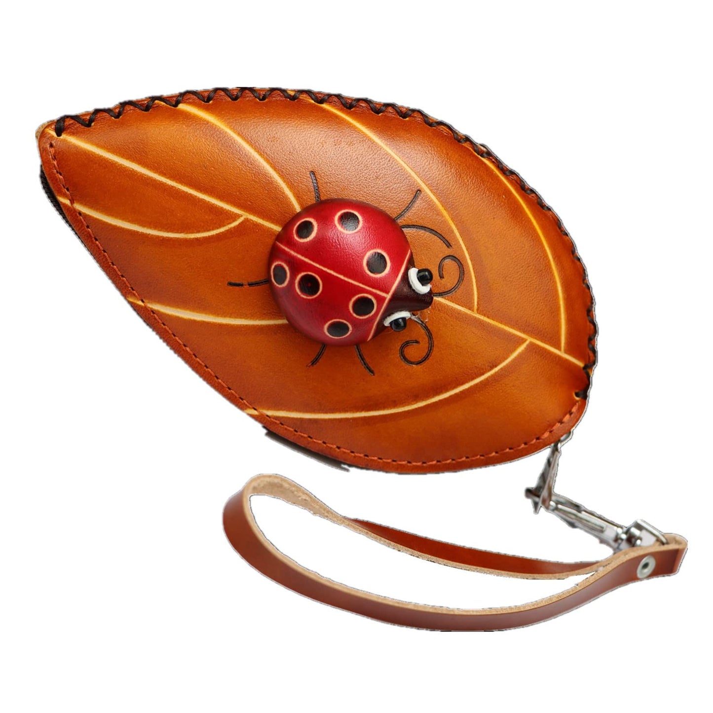 Fanyixuan Ladies Leaf Ladybug Leather Coin Purse Can Put Coin Clutch Bag Handmade Leather Creative Key Case (Yellow)
