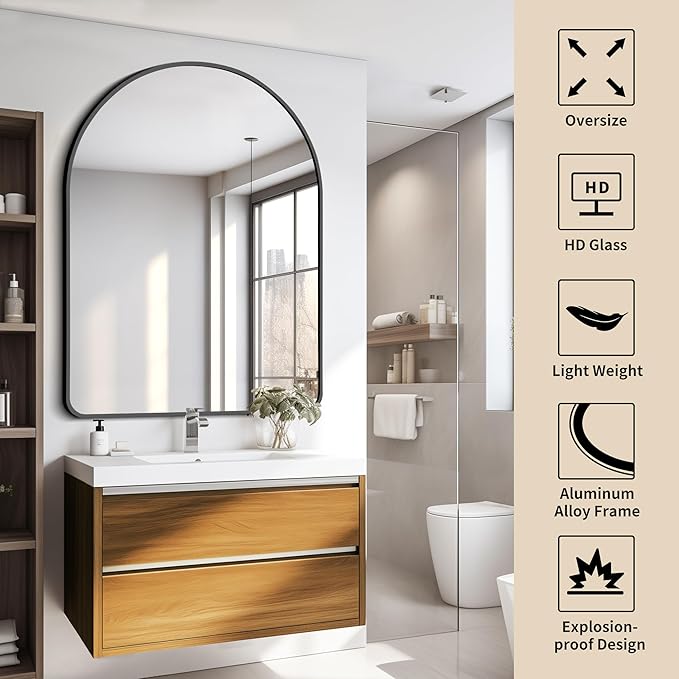FORBATH Arched Mirror 36x48 Inch, Bathroom Mirror Wall Mounted Modern Black Aluminum Alloy Frame Decor Large Dresser, for Bedroom Living Room Entryway, Hanging or Leaning Against Wall
