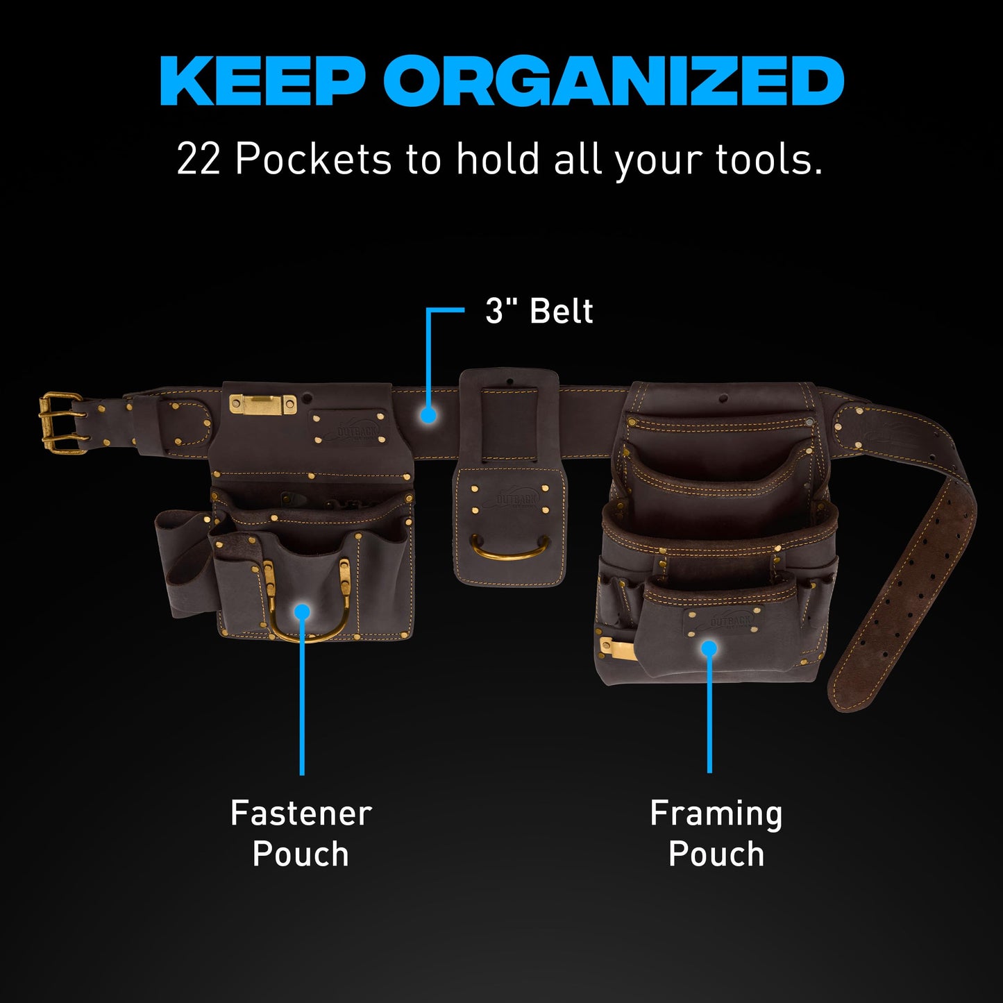 Ox Pro Drywall Tool Belt - 22-Pocket Leather Tool Belt Pouches - Made of Oil-Tanned Leather with Double-Stitching and Steel Rivets - OX-P263804
