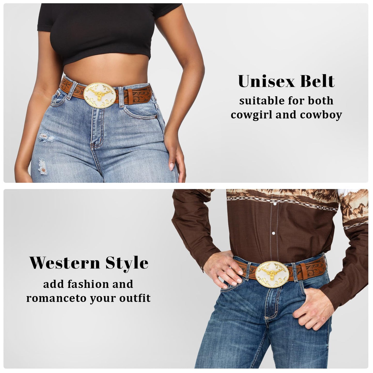 SANSTHS Cowboy Belts for Men Women, Western Leather Belt with Big Buckles Mexican Country Black Longhorn Bull Belt for Jeans, Brown