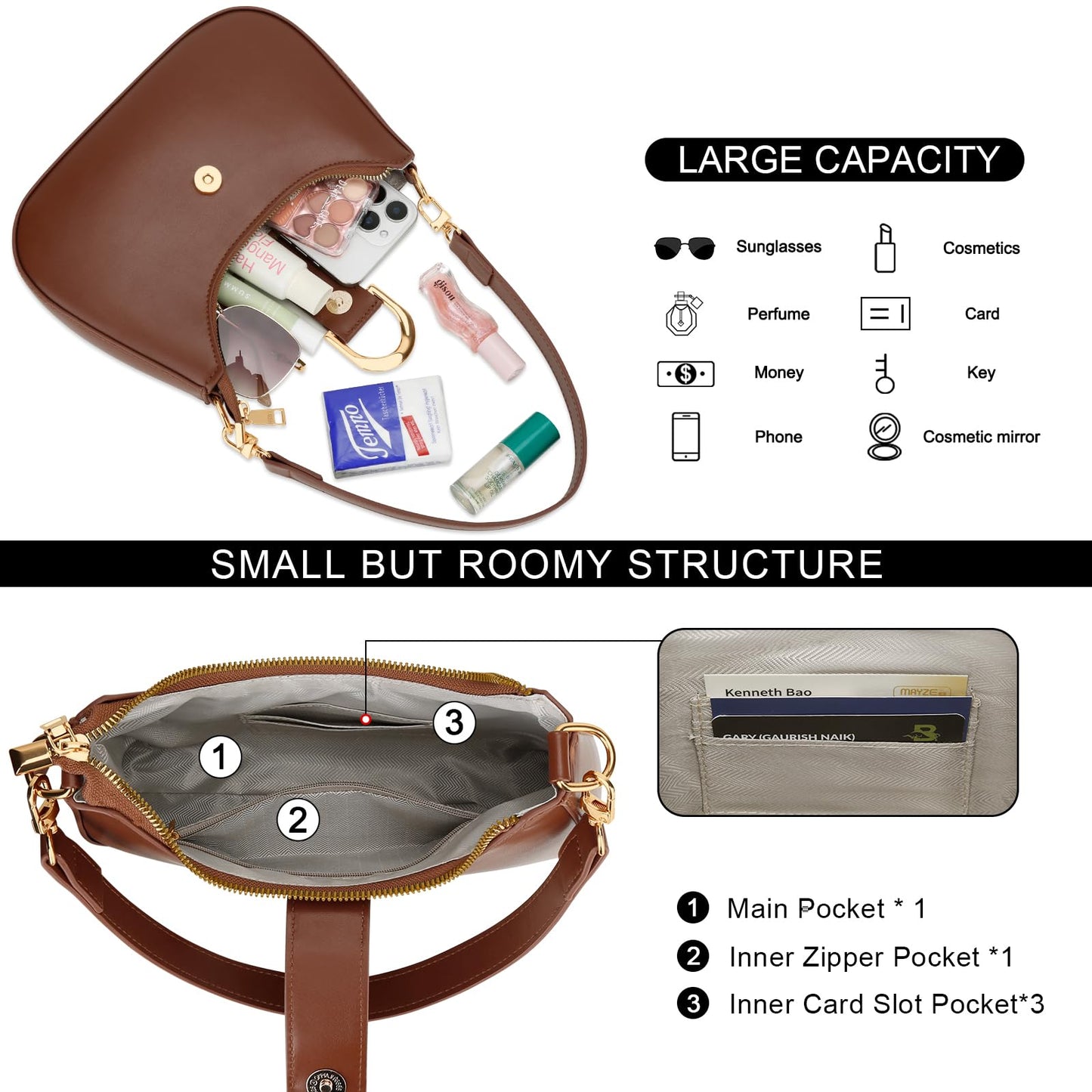 KKXIU Small Shoulder Bag for Women - Crescent Bag Small Purses for Women Trendy Vegan Leather Purse with Removable Strap (Brown)