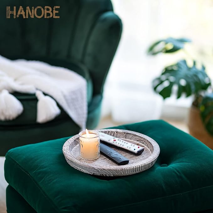 Hanobe Rustic Wooden Serving Tray Set of 2 Round Wood Butler Decorative Tray Whitewash Centerpiece Candle Holder Trays Farmhouse Ottoman Tray for Decor Kitchen Counter Home Decor for Coffee Table