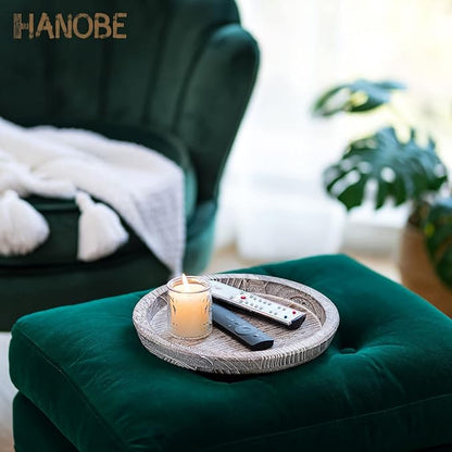 Hanobe Rustic Wooden Serving Tray Set of 2 Round Wood Butler Decorative Tray Whitewash Centerpiece Candle Holder Trays Farmhouse Ottoman Tray for Decor Kitchen Counter Home Decor for Coffee Table