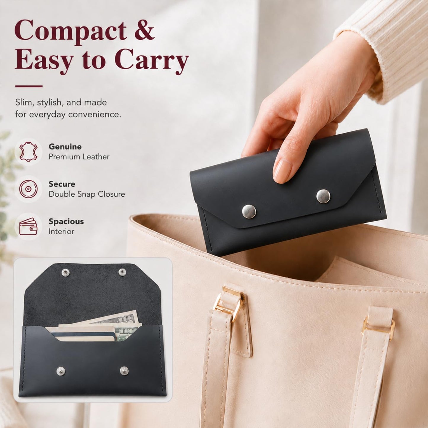 ZEMARS Genuine Leather Cash Envelope Wallet, Two Snap Money Pouch for Men and Women, Reusable Budget Envelope Wallet, Slim Organizer for Cash, Cards, Receipts, Checks and Keys (Black)