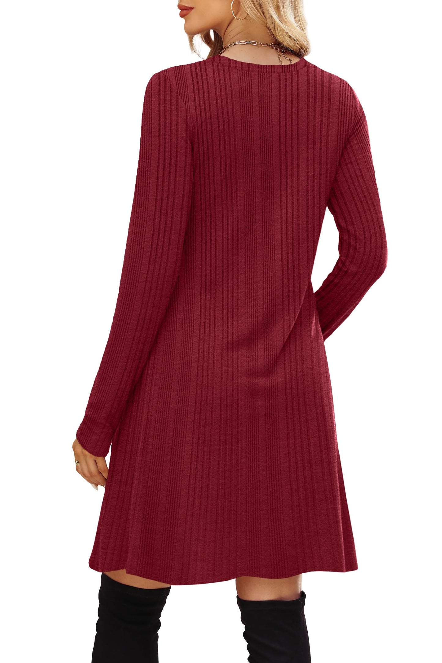OFEEFAN Long Sleeve Dress for Women Crew Neck Empire Waist Tunic Dress with Pockets