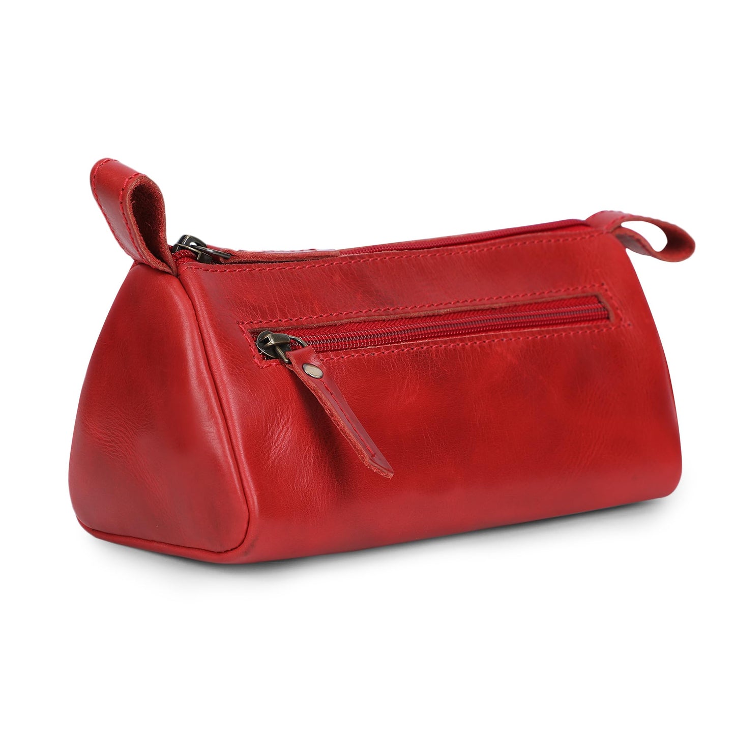 TheAntiq Leather Makeup Bag for Women – Genuine Leather Cosmetic Bag Travel, Handmade Zippered Makeup Pouch, Small Toiletry Bag, Shaving Kit & Stationery Organizer- Red