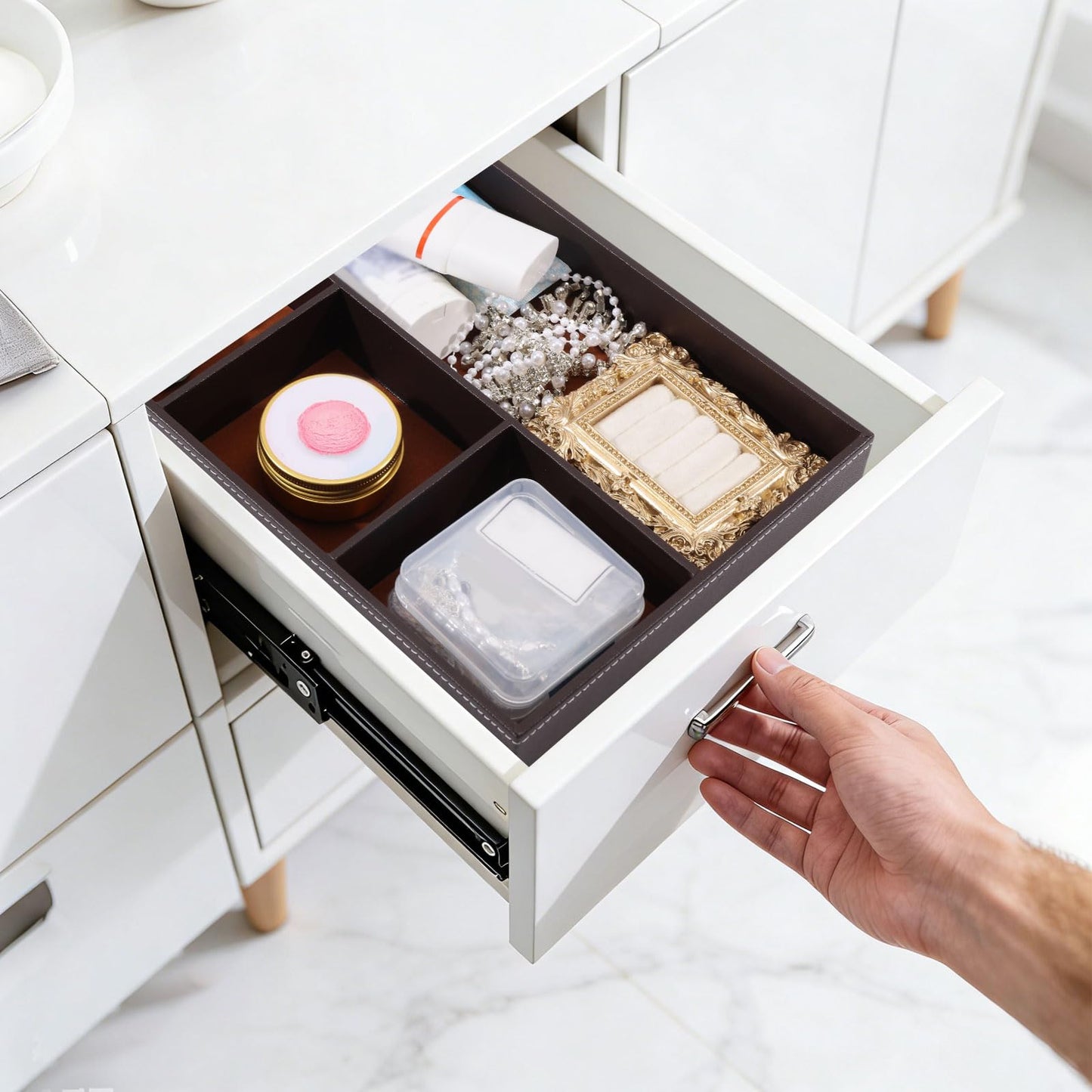 CONCHLERY 2 Pcs Desk Drawer Organizer 4 Grid PU Leather Drawer Storage Organizer Multi-Purpose Storage Desktop Organizers Tray for Office Home, Brown, 30.3x20.3x4.15cm