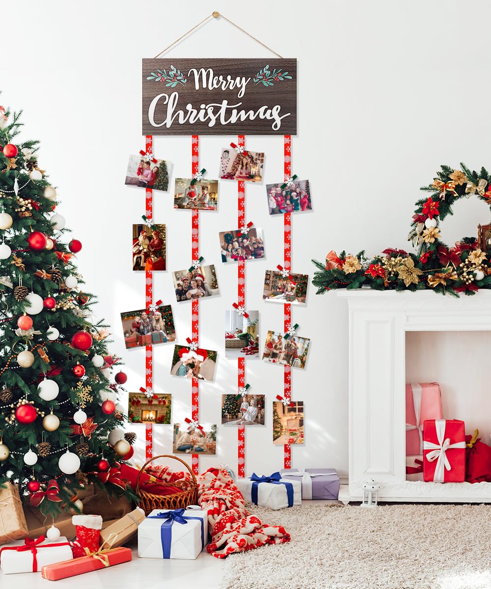 AKEROCK Christmas Card Holder Display, Christmas Wall Decor, Wooden Christmas Picture Frame with 30 Clips for Hanging Photos, Christmas Cards & Postcards, Xmas Holiday Wall Door Home Decor & Gift Idea