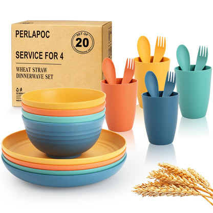 Wheat Straw Dinnerware Set 40-Piece Service for 8 Unbreakable Dishes Set Plates and Bowls Sets Drinking Glasses Microwave Safe Dish Set Lightweight Dinnerware Set for Home & Kitchen - Yellow